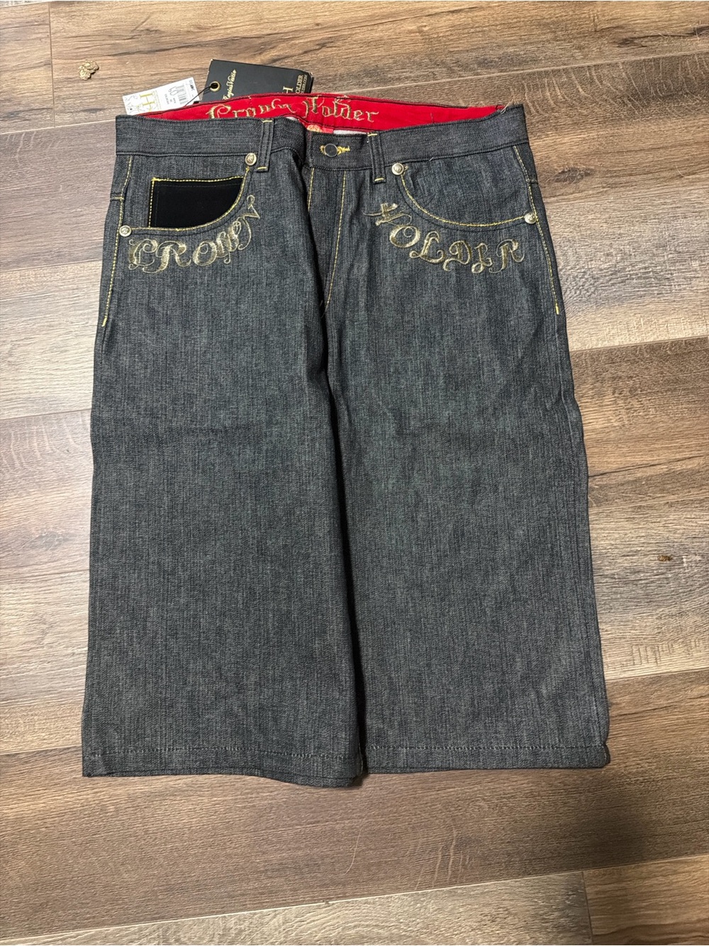 Embroidered Men's Jean Shorts with Red Waistband